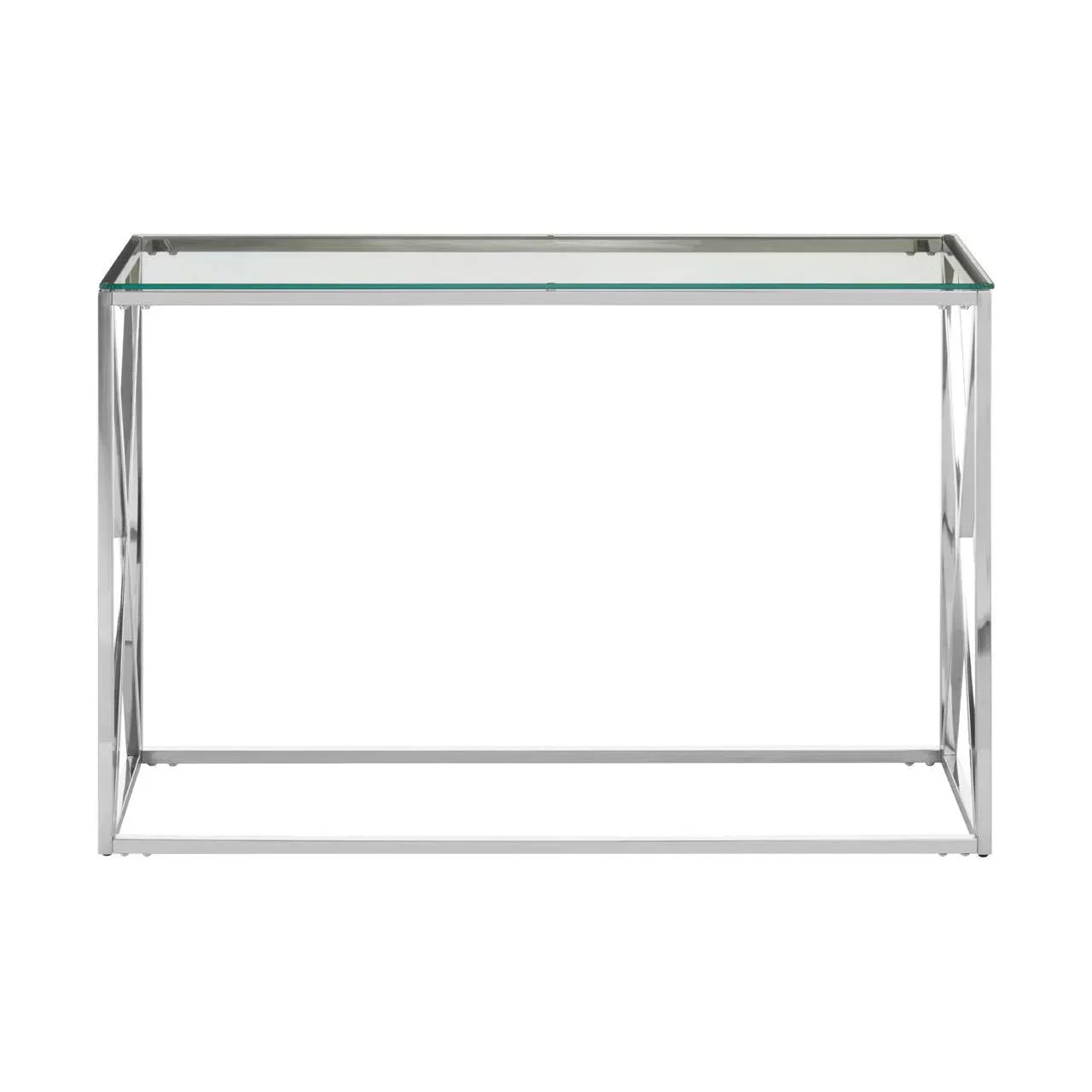 Glass console table with chrome metal frame and minimalist design on white background