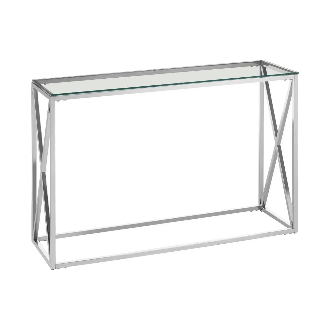 Glass top console table with chrome metal frame and crossbar sides