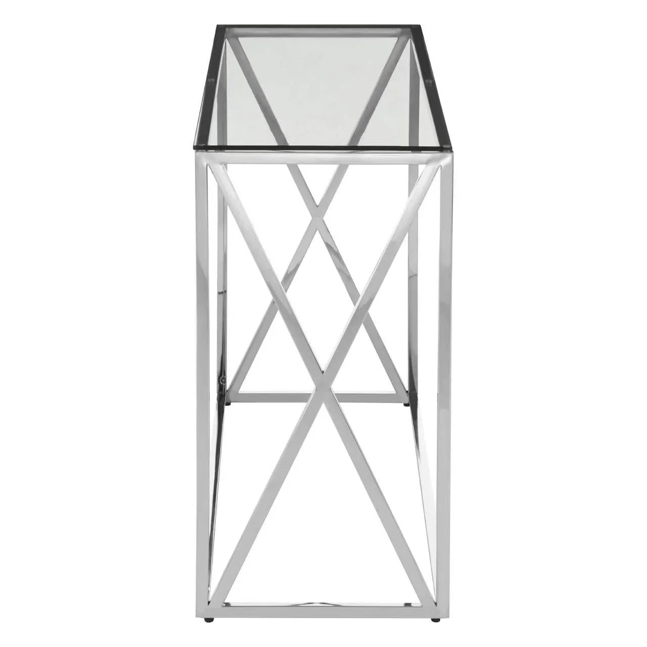 Glass console table with chrome metal frame and geometric side design, side view