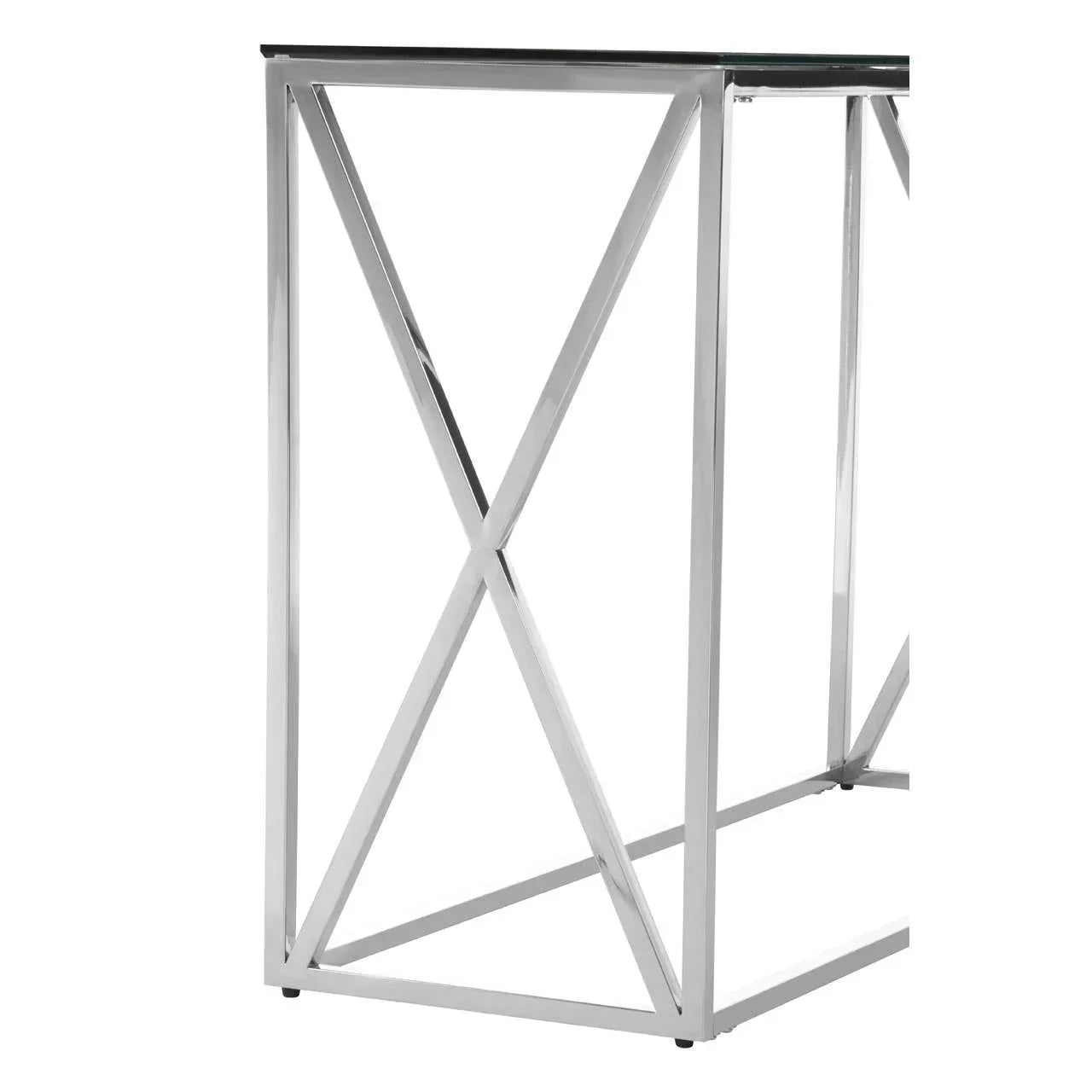 Chrome console table frame with glass top and crossed metal leg detail