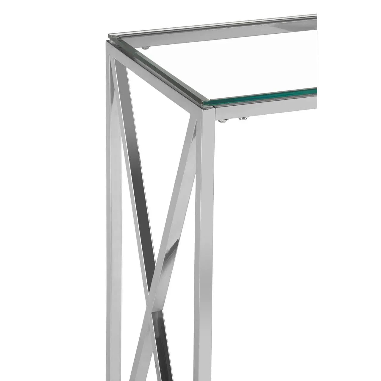 Closeup of chrome console table frame with glass top and cross-legged design
