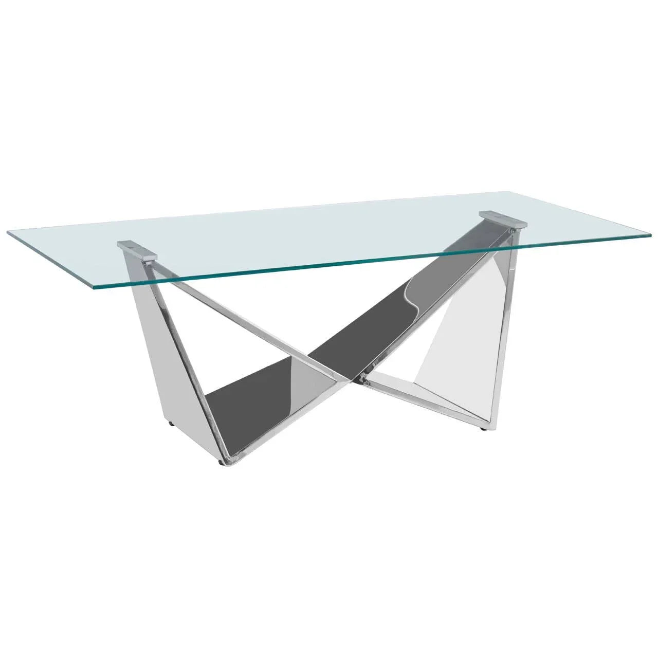 Modern glass dining table with clear rectangular top and chrome geometric metal base