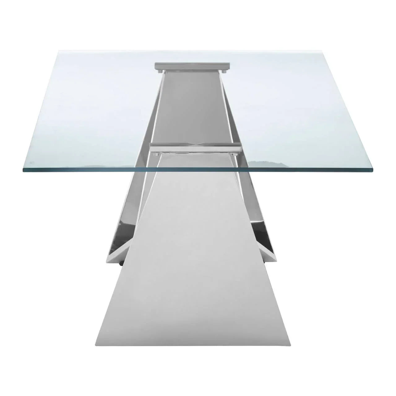Modern glass dining table with stainless steel angled base, frontal view
