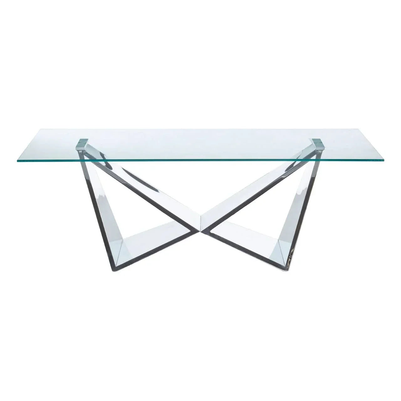 Glass console table with geometric metal base, modern home furniture front view