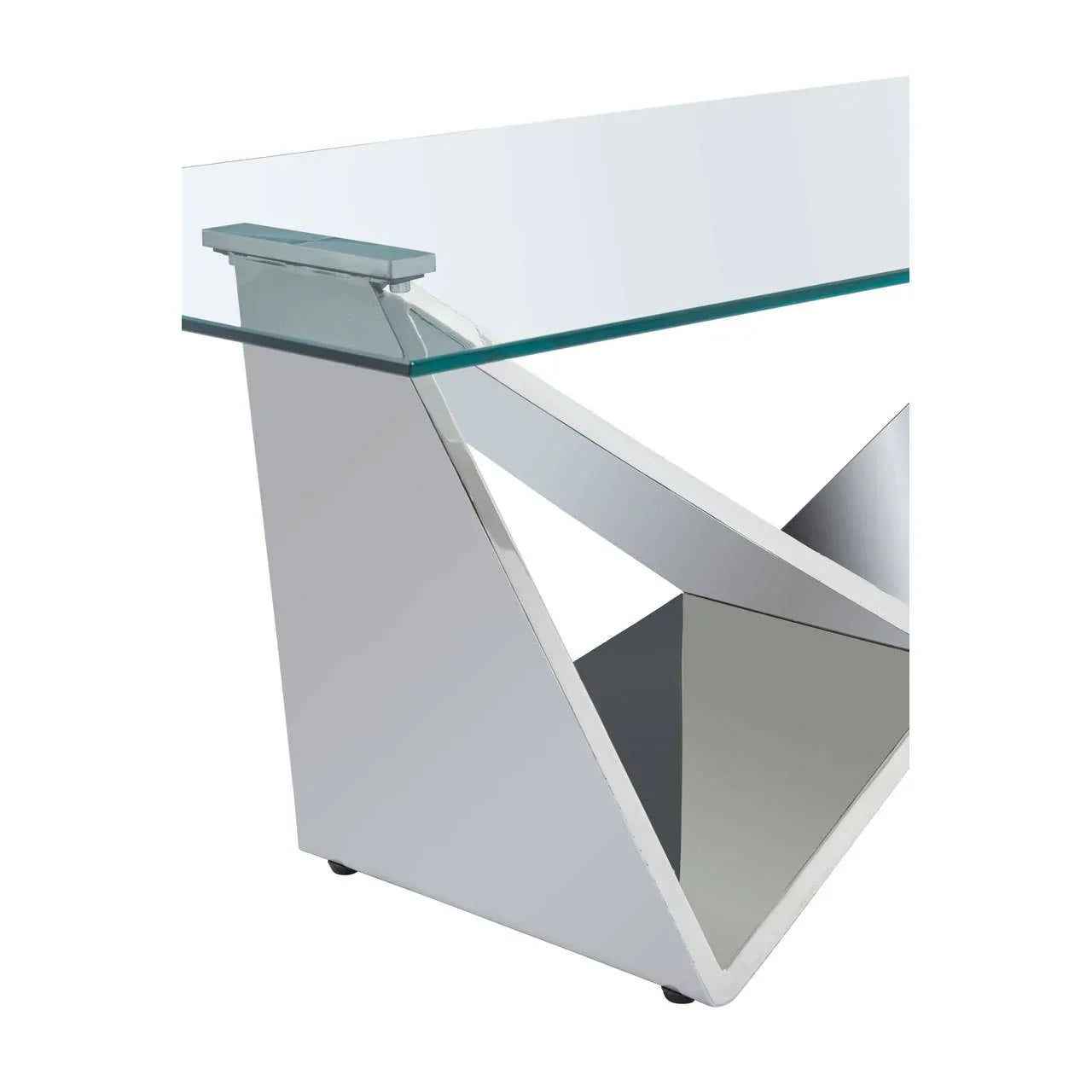Modern glass console table with geometric chrome metal base, side angle view