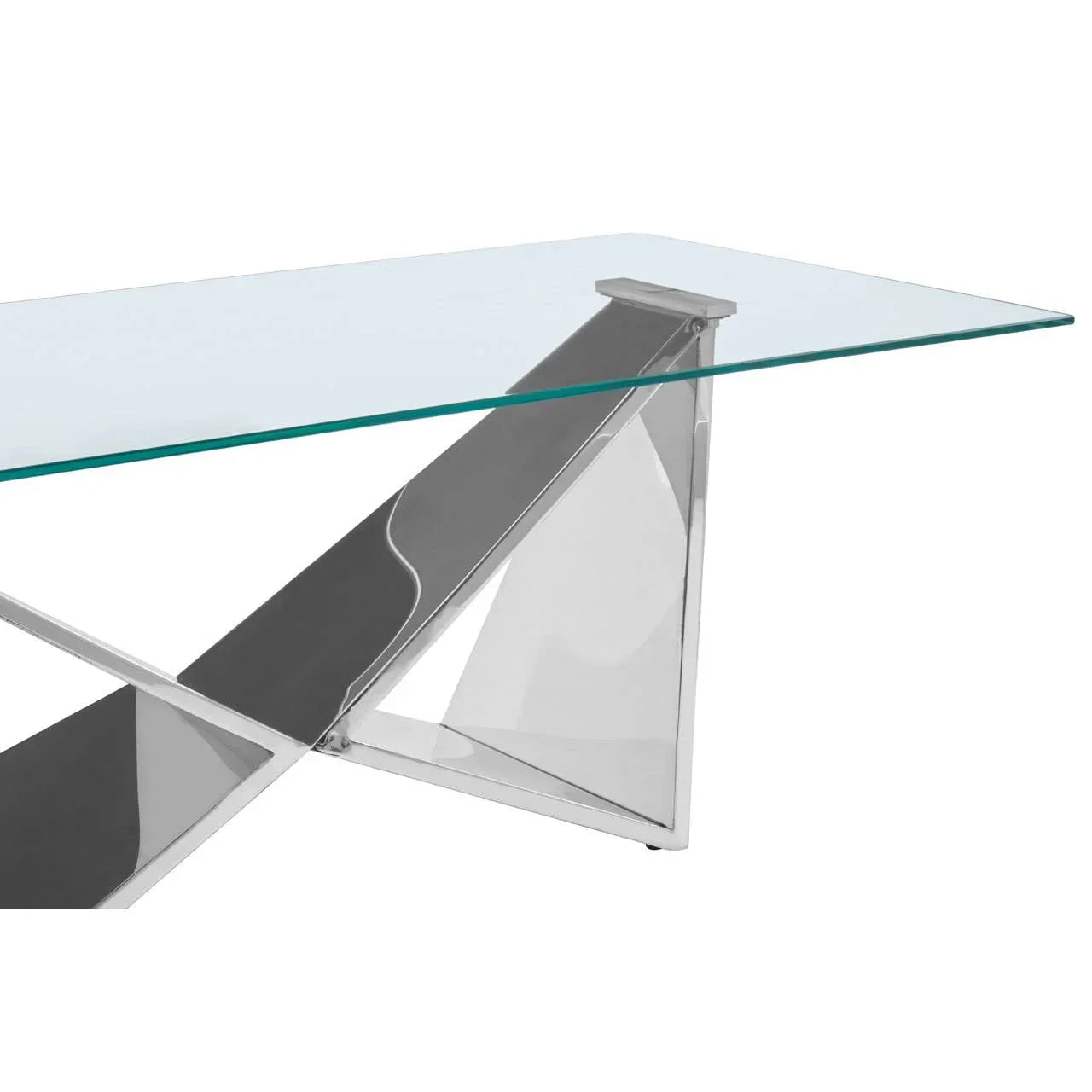 Glass dining table with geometric chrome base and angled leg detail
