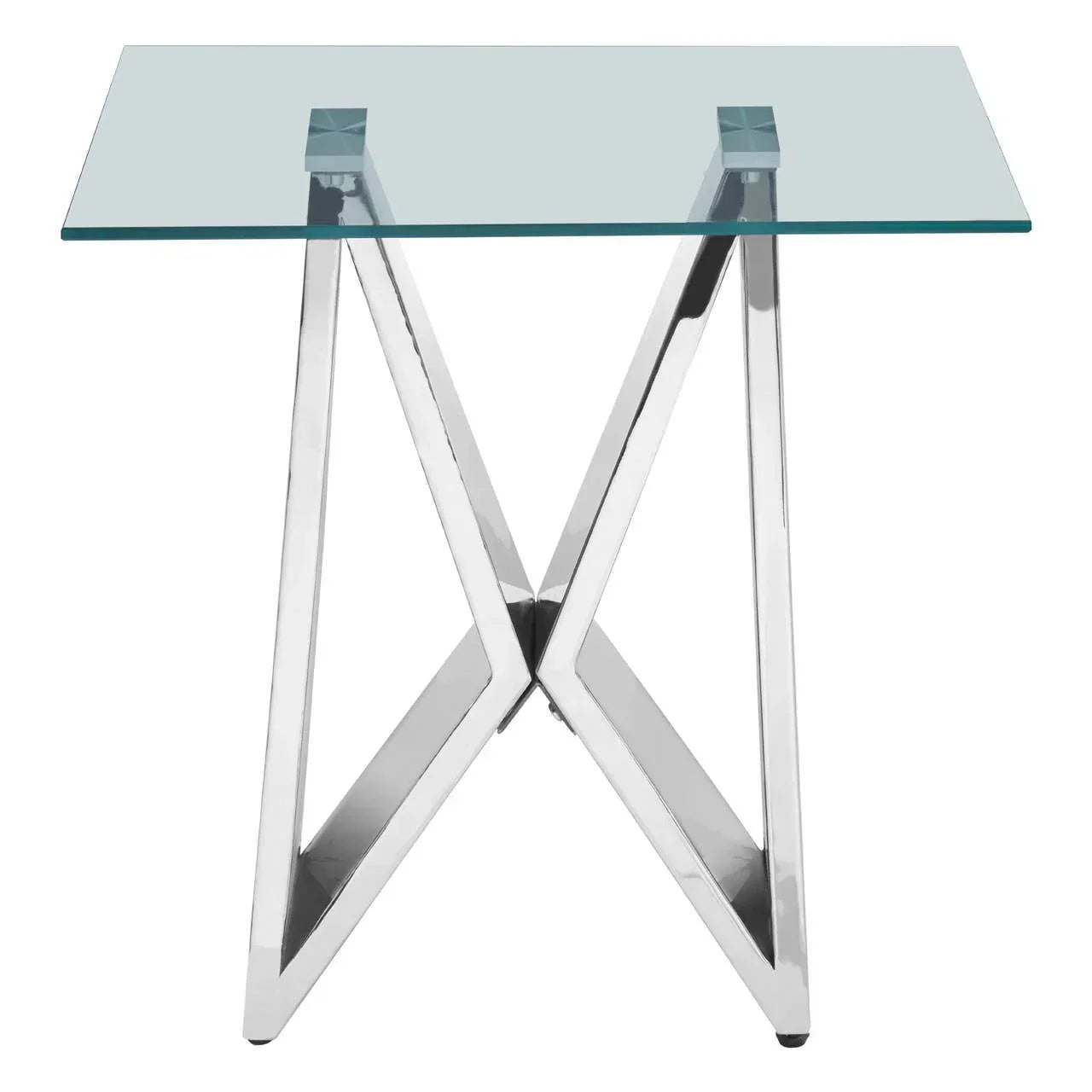 Glass top side table with chrome metal X-shaped legs, front view