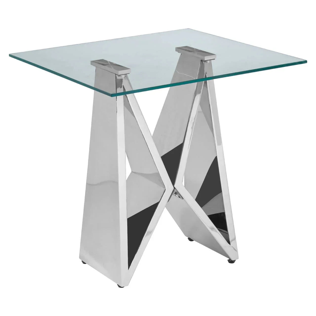 Glass top side table with chrome geometric metal base, modern square accent furniture