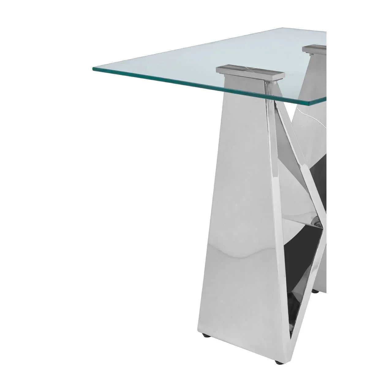 Glass dining table with chrome metal base, angled side view