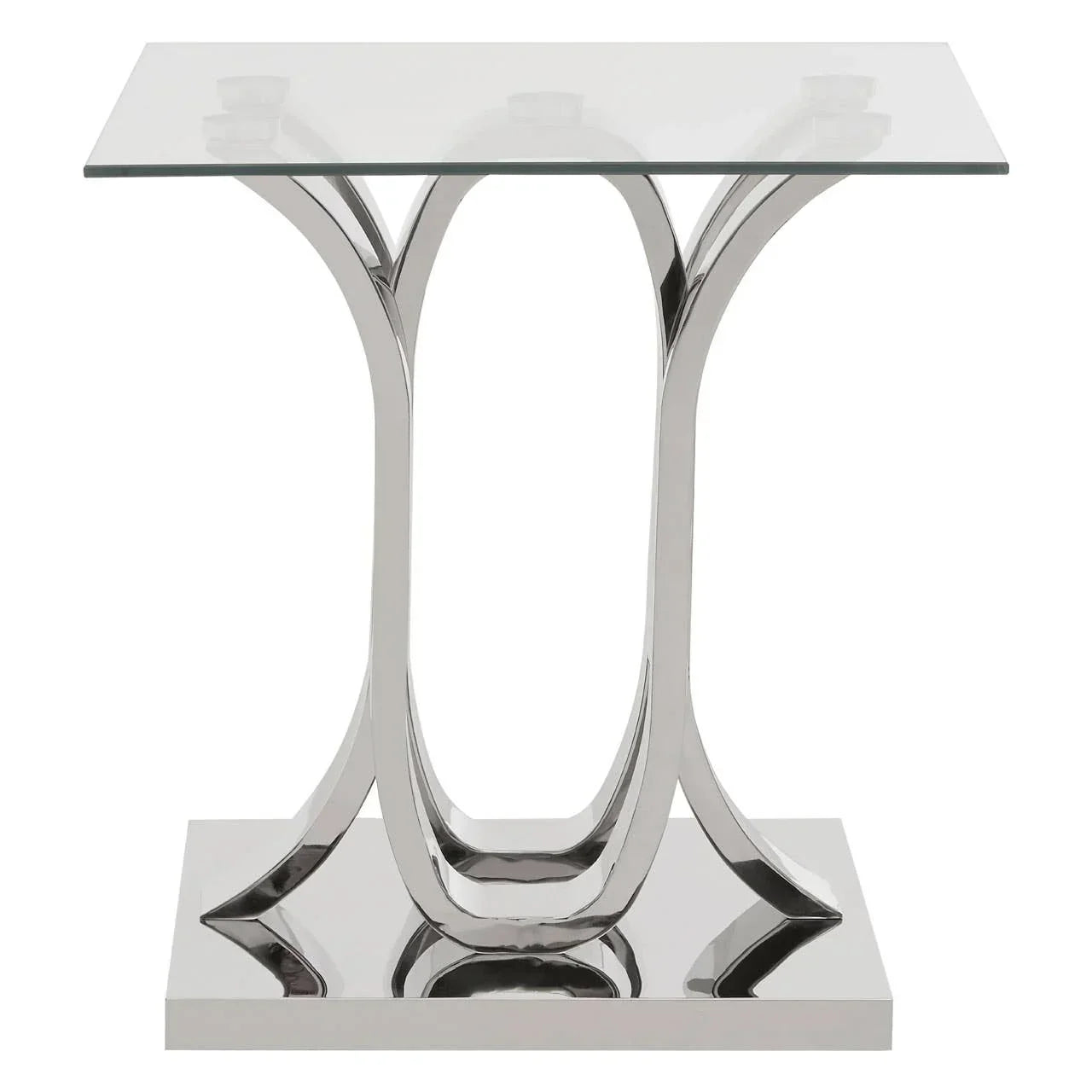 Modern glass top side table with chrome metal base and geometric design