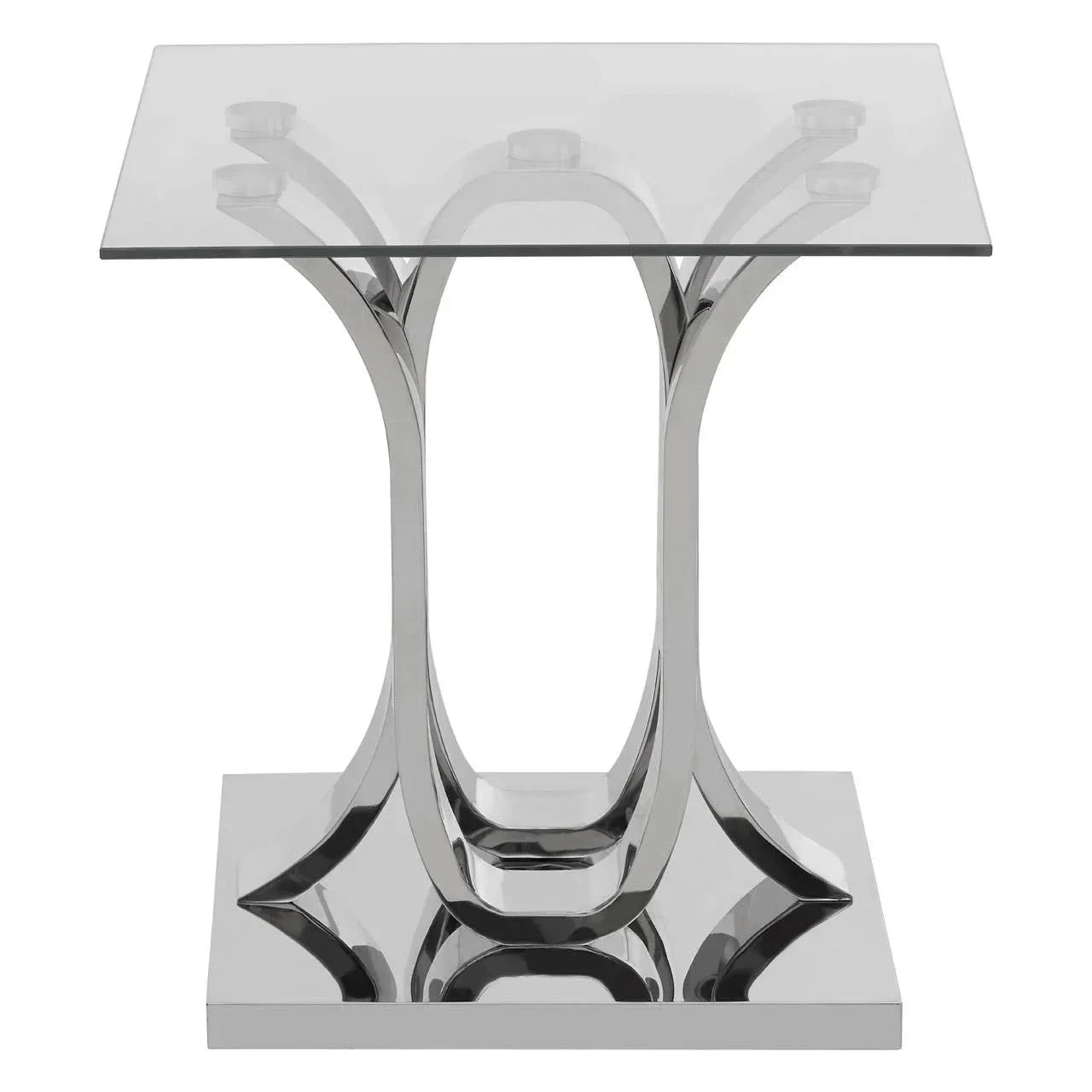 Square glass side table with chrome base and modern sculptural metal legs