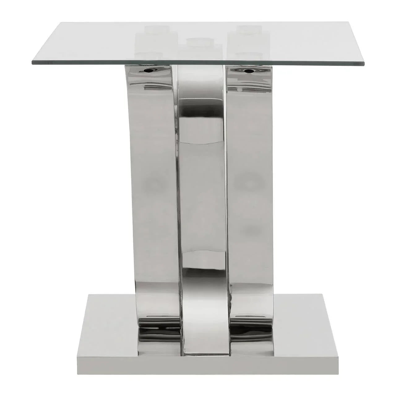 Glass top side table with chrome metal base, modern rectangular design