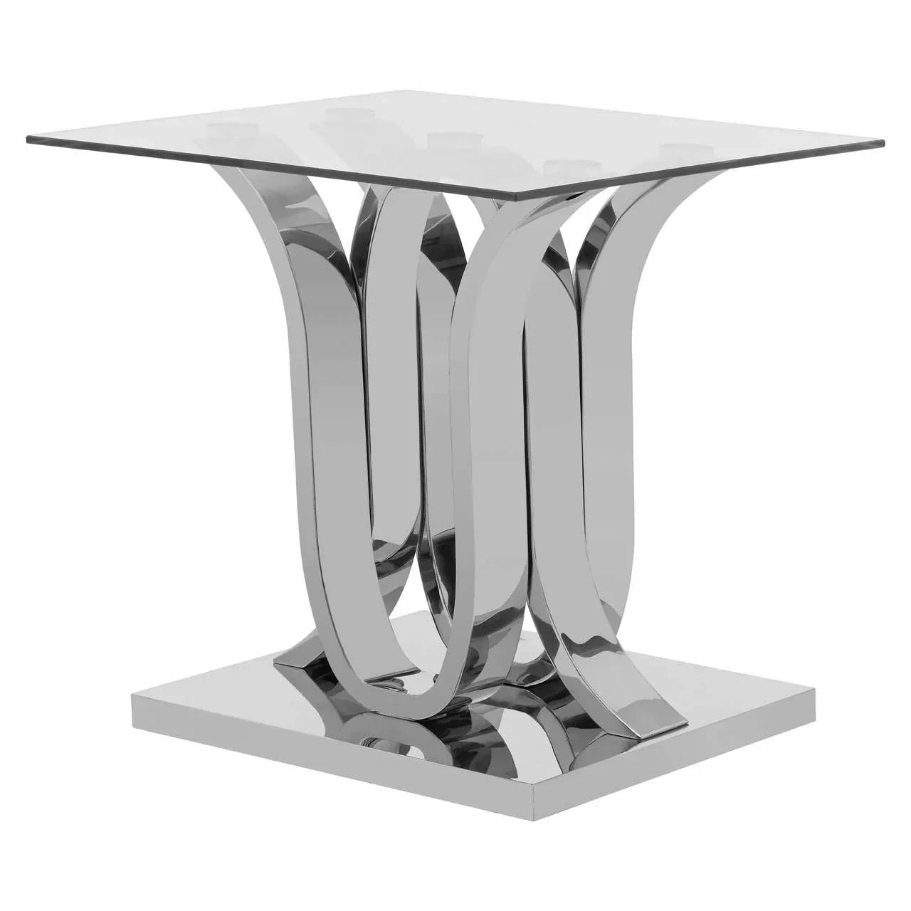 Square glass top side table with polished chrome curved metal base