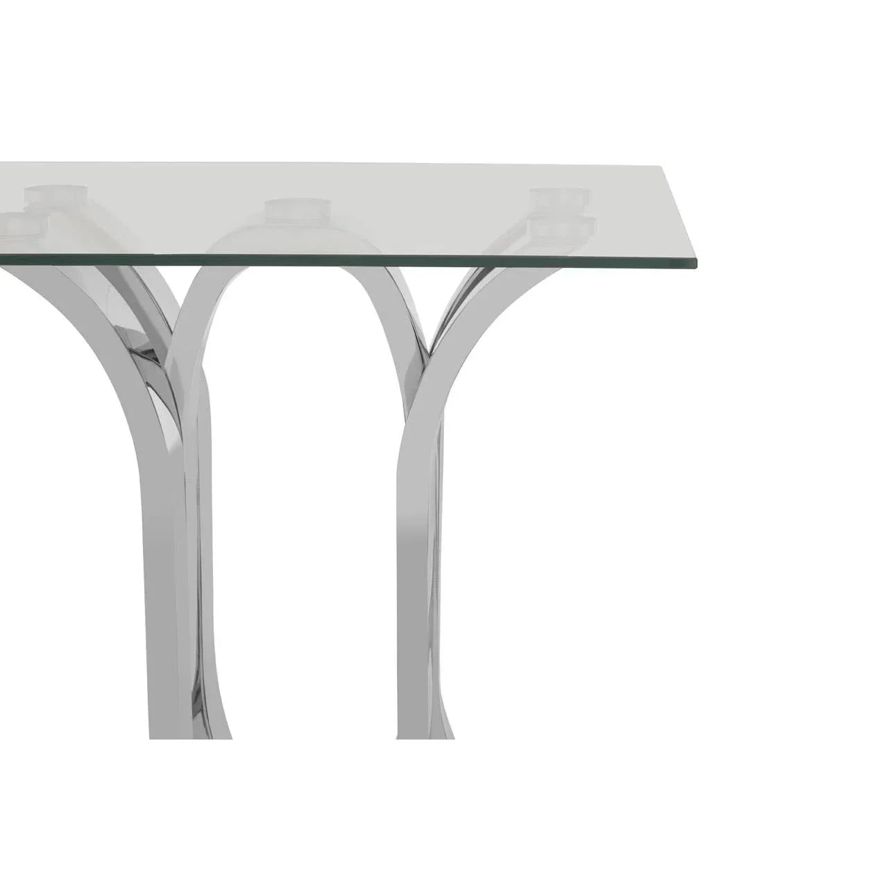 Glass console table with chrome curved legs, modern rectangular design, close angle view