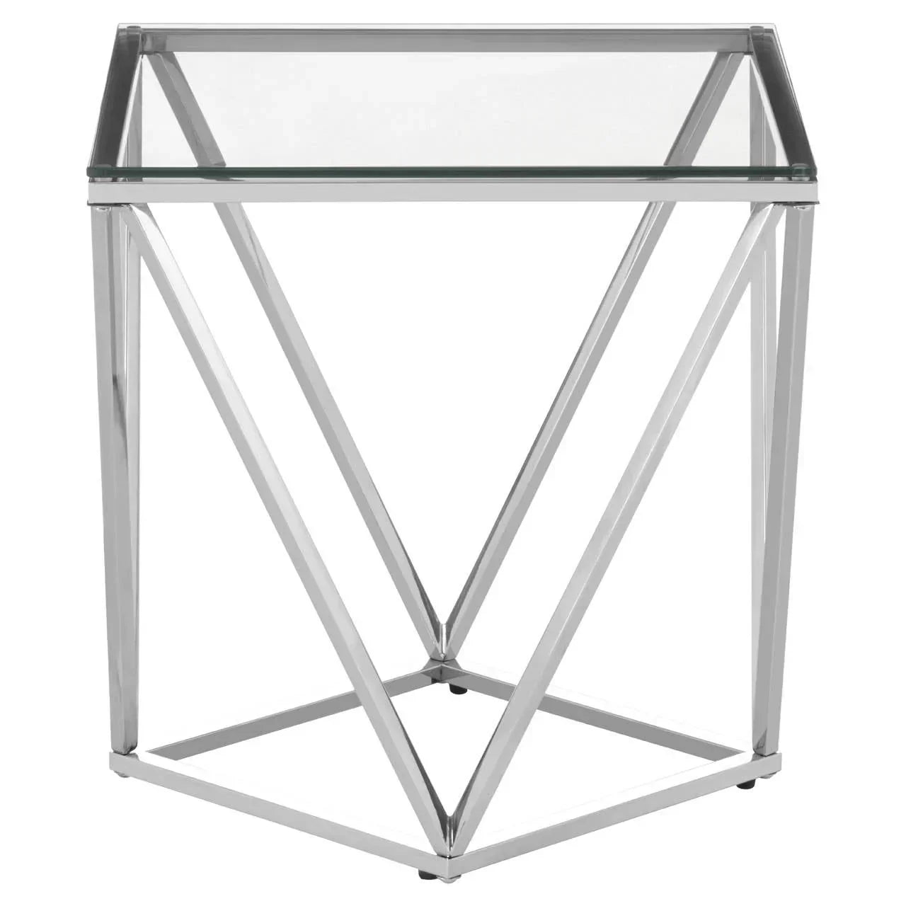 Glass top side table with chrome metal geometric base, modern square accent design