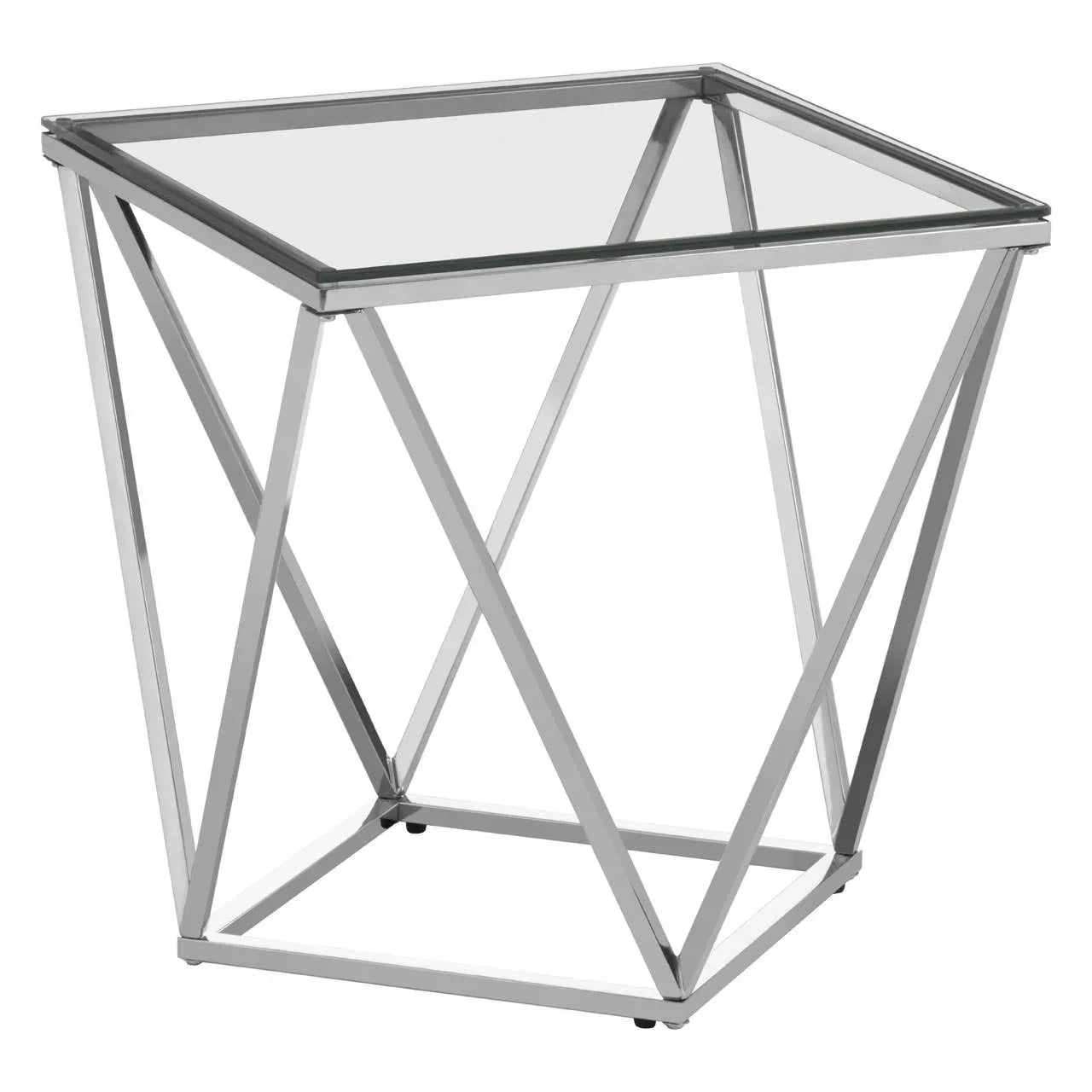 Modern glass top side table with geometric chrome metal frame