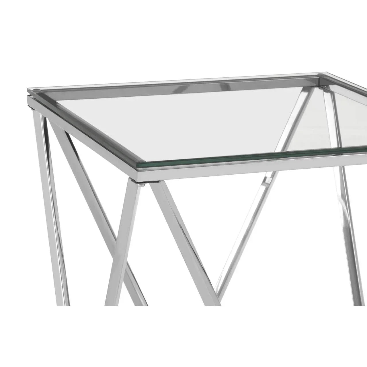 Glass top side table with chrome metal geometric frame, close-up view