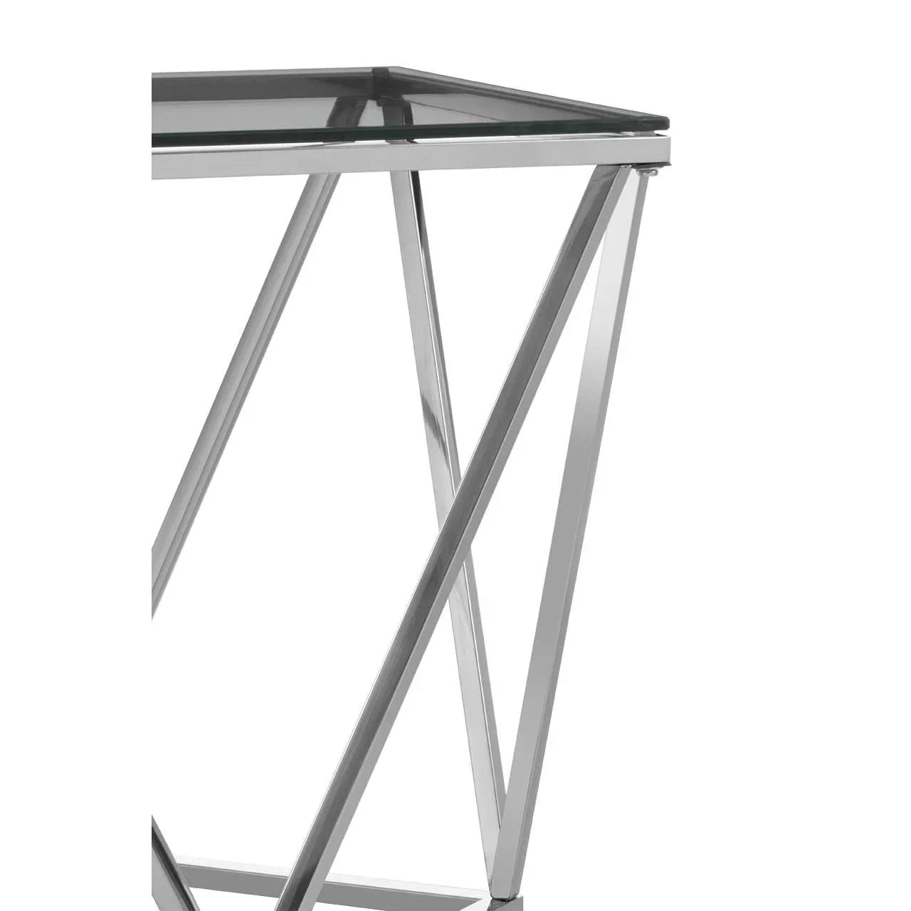 Glass dining table corner with chrome metal geometric legs