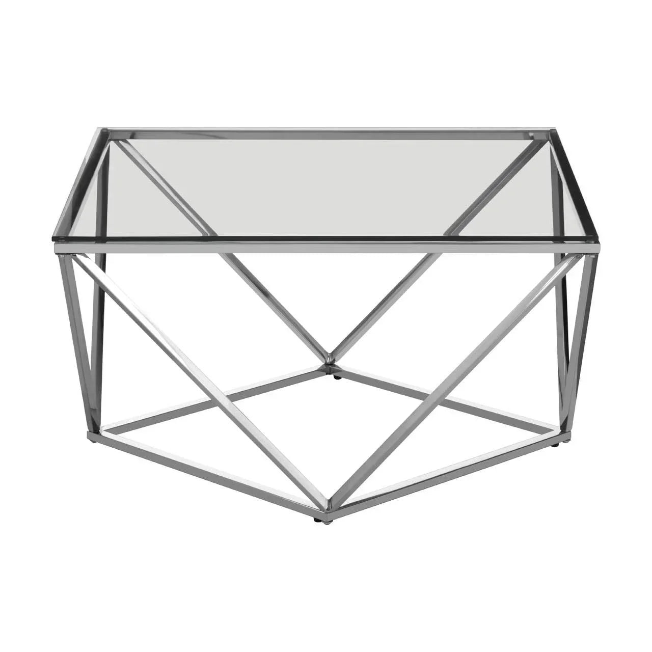 Glass coffee table with geometric chrome frame, modern design, front angle view