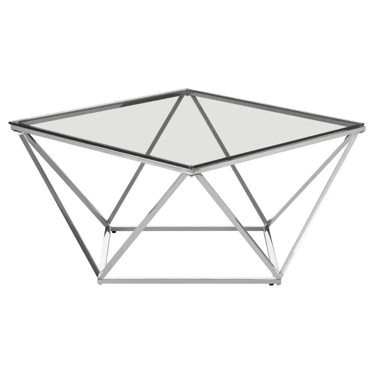 Glass coffee table with square top and chrome geometric metal frame