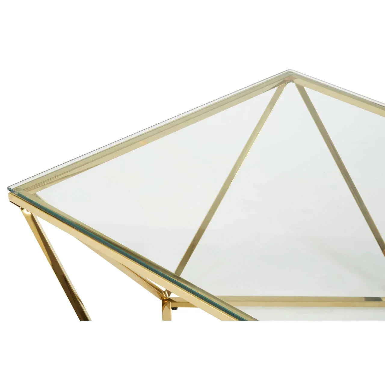 Glass coffee table with gold metal frame, angled corner detail
