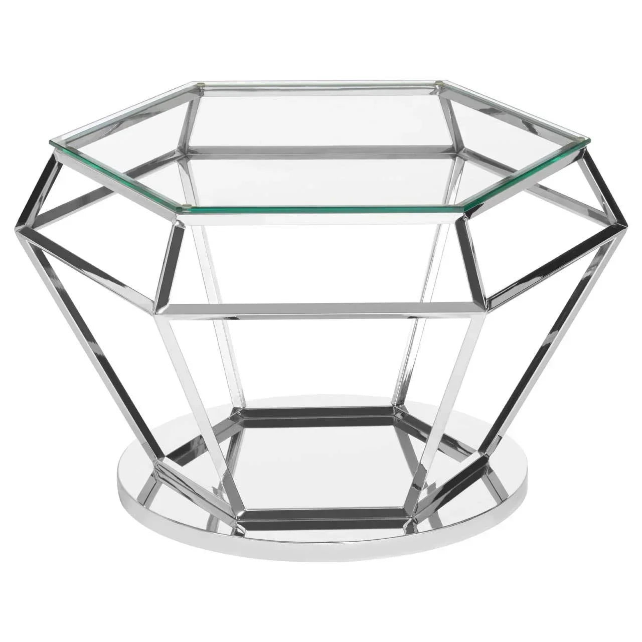Hexagonal glass coffee table with chrome metal frame and mirrored round base
