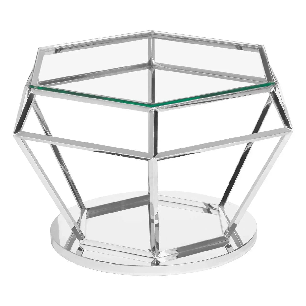 Modern glass top coffee table with geometric chrome metal base on white background