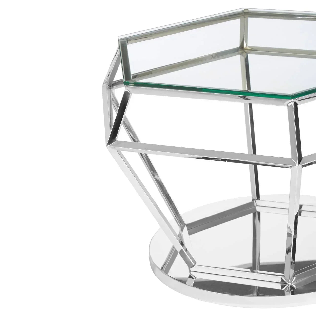 Modern glass top side table with geometric chrome metal frame and round base
