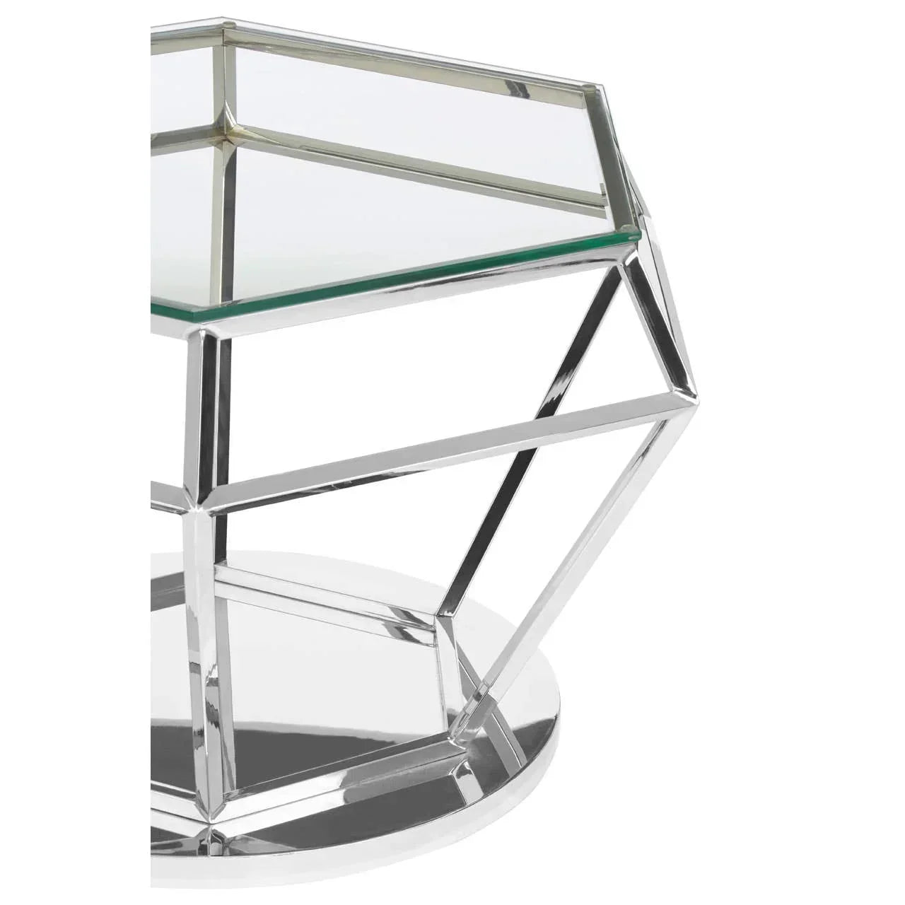 Chrome and glass side table with geometric metal frame and round base, close-up view