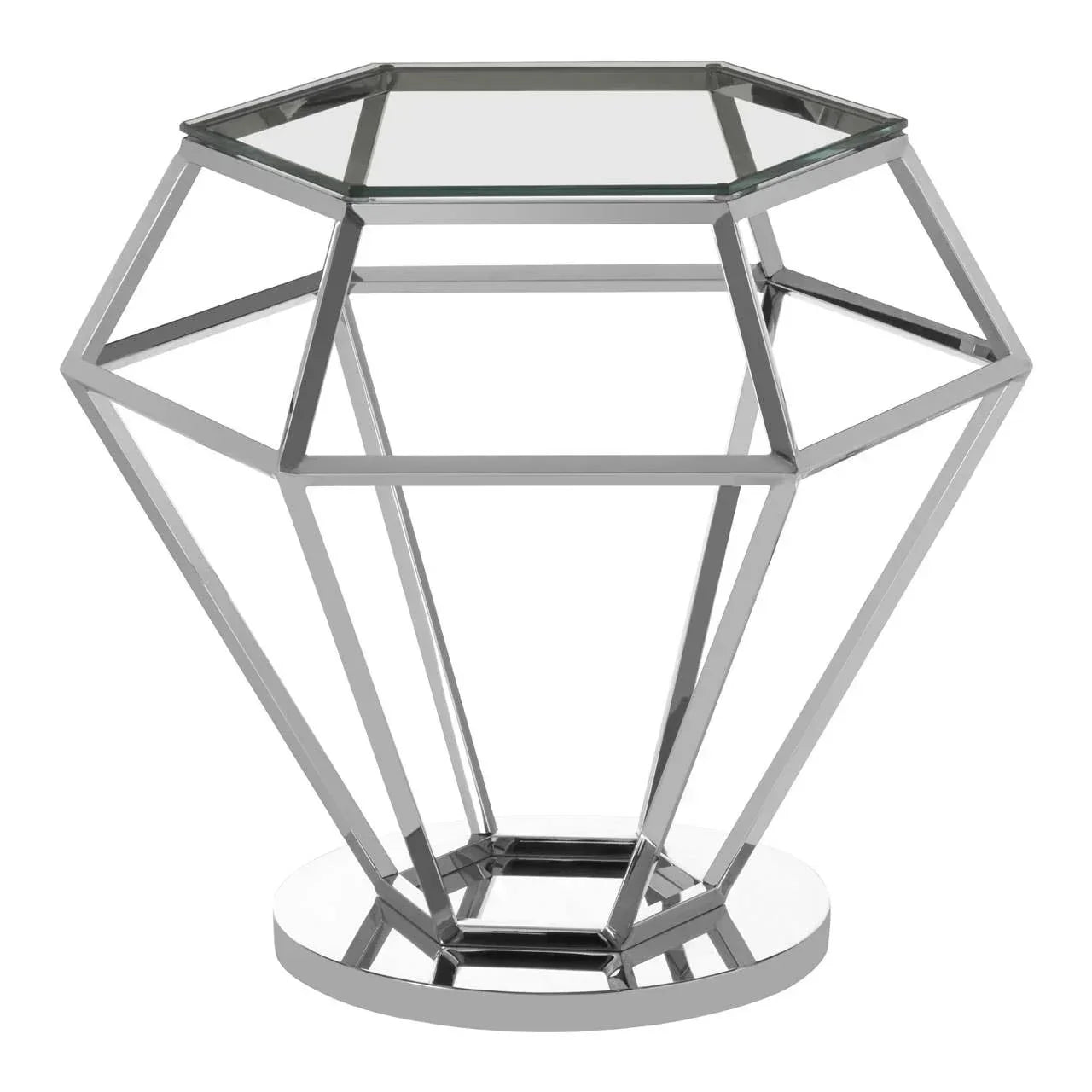 Hexagonal glass top side table with geometric chrome metal frame and round chrome base