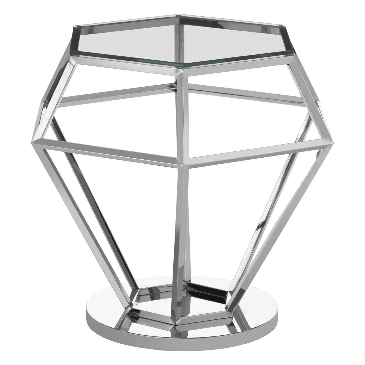 Hexagonal glass top side table with geometric chrome metal base