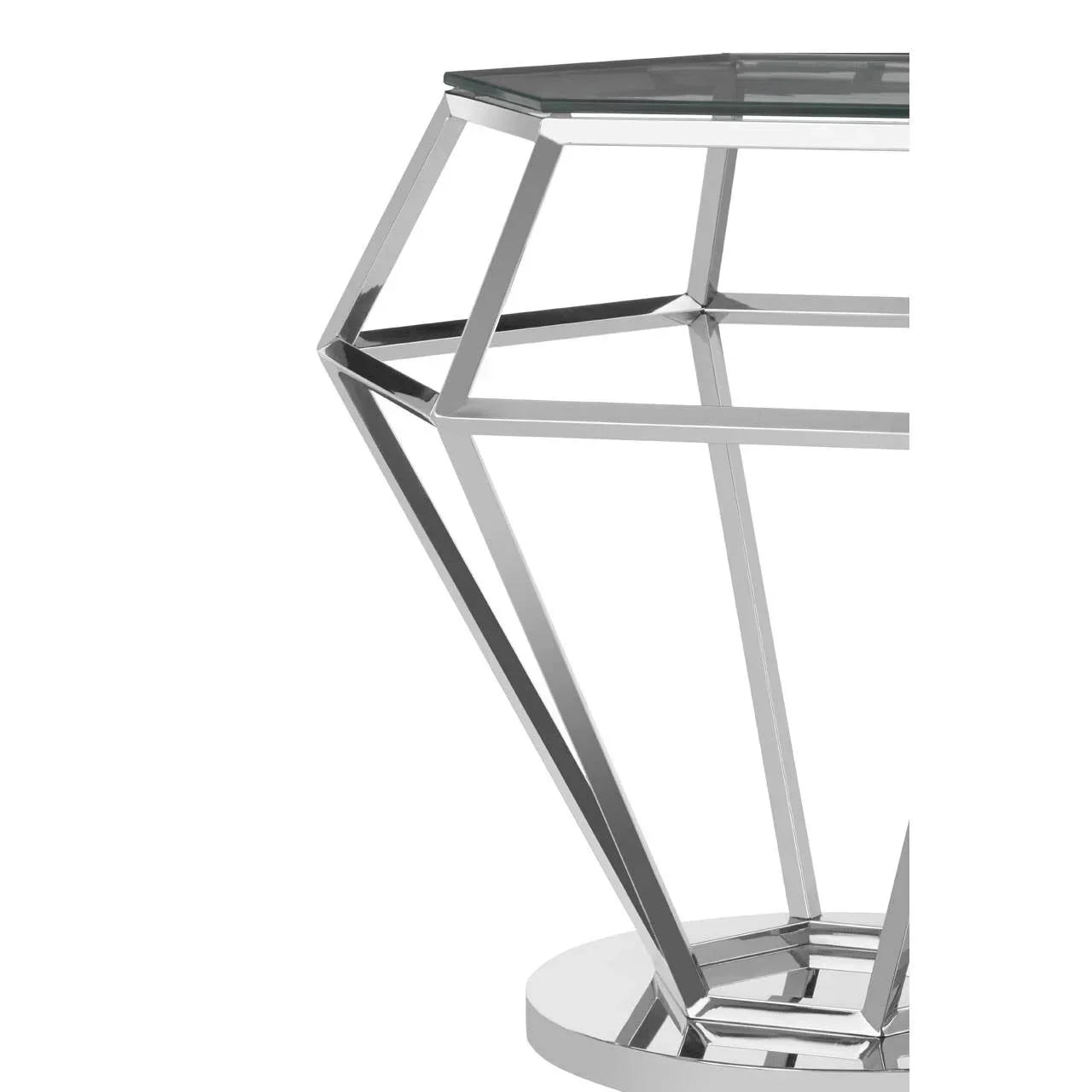 Glass top side table with geometric chrome metal base, angled side view