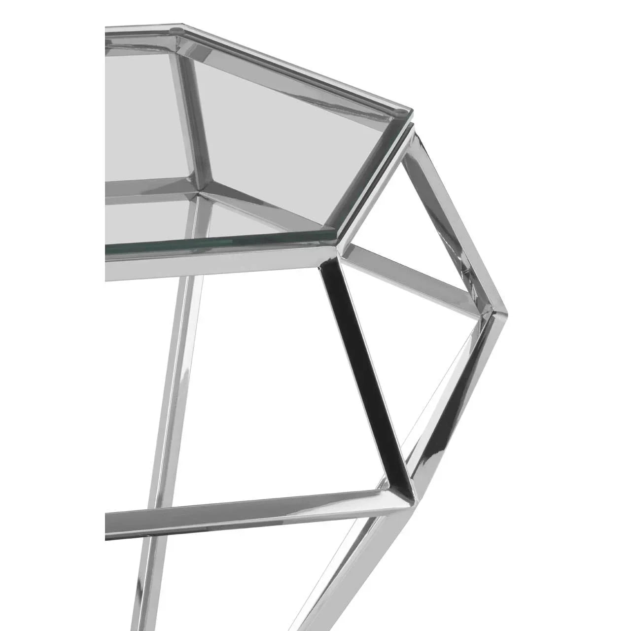 Glass top geometric coffee table with polished chrome metal frame, side angle view