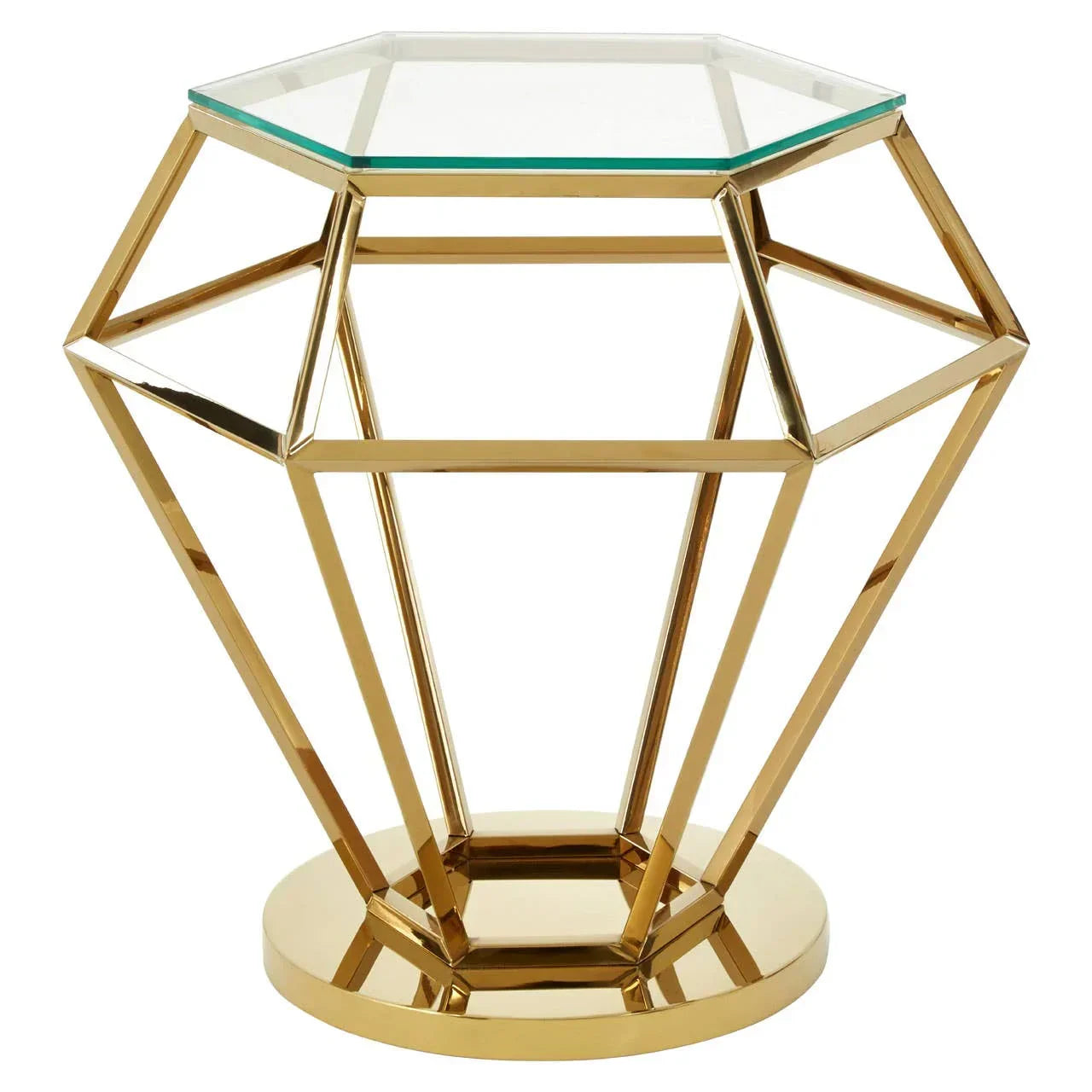 Gold metal and glass side table with geometric hexagonal design