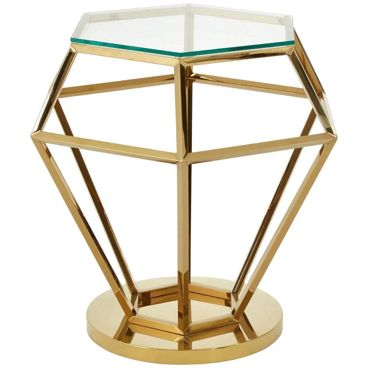 Gold hexagonal side table with glass top and geometric metal frame