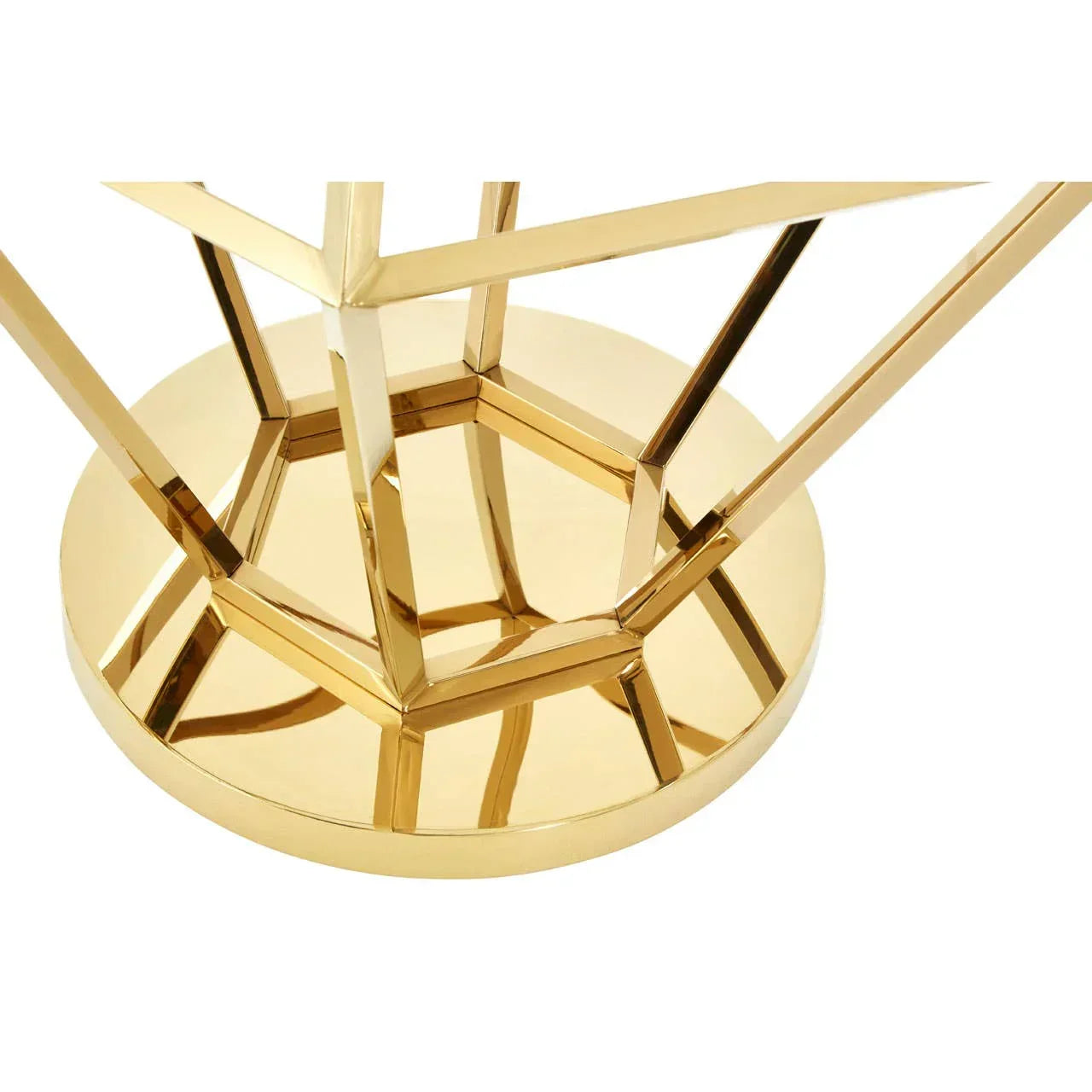 Close up of gold metal table base with geometric design and reflective finish