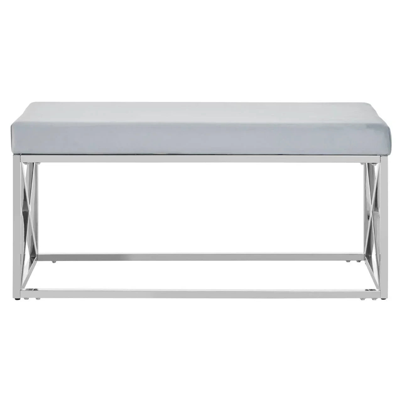 Grey upholstered bench with chrome metal frame, front view