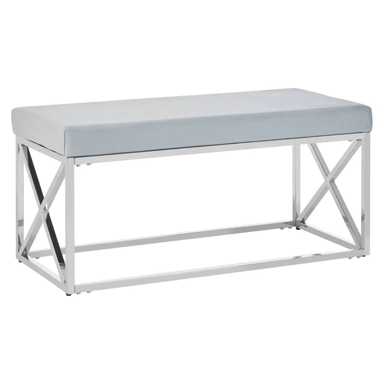 Grey upholstered bench with chrome metal frame and cross-leg design