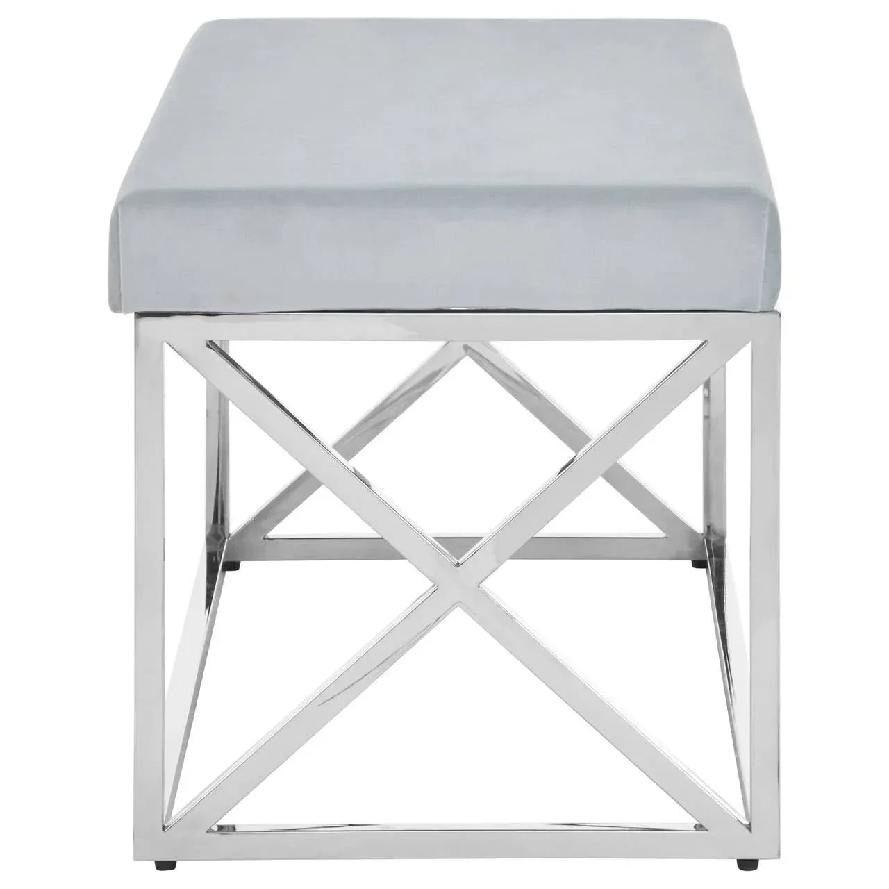 Grey velvet bench with chrome metal frame and geometric legs, front view