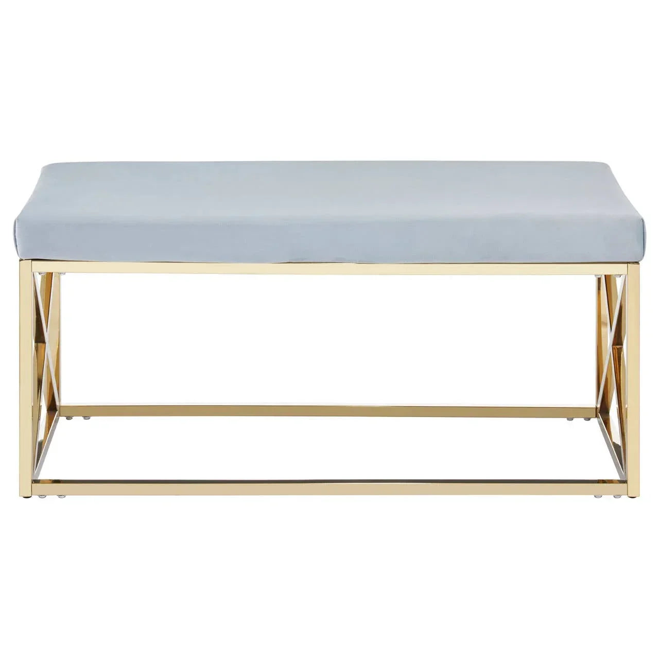 Upholstered bench with gold metal frame and light grey cushion, modern bedroom furniture