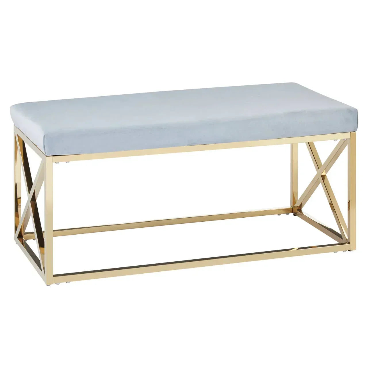 Gold metal bench with light grey upholstered seat and open geometric frame design