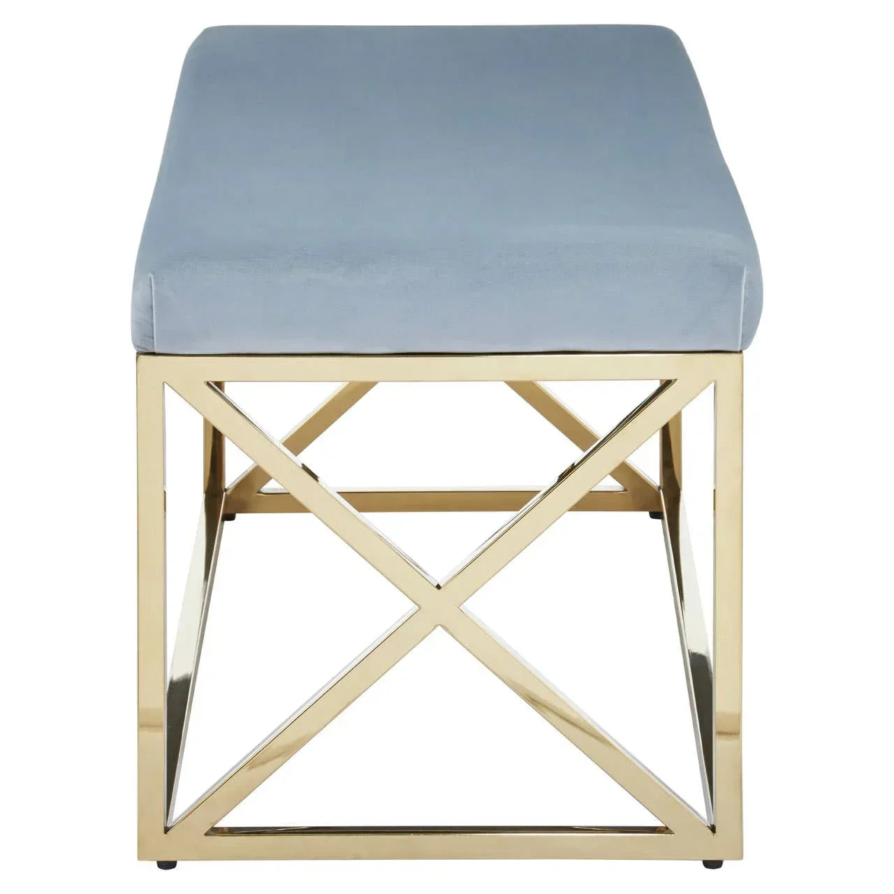 Blue velvet bench with gold metal geometric base, front view