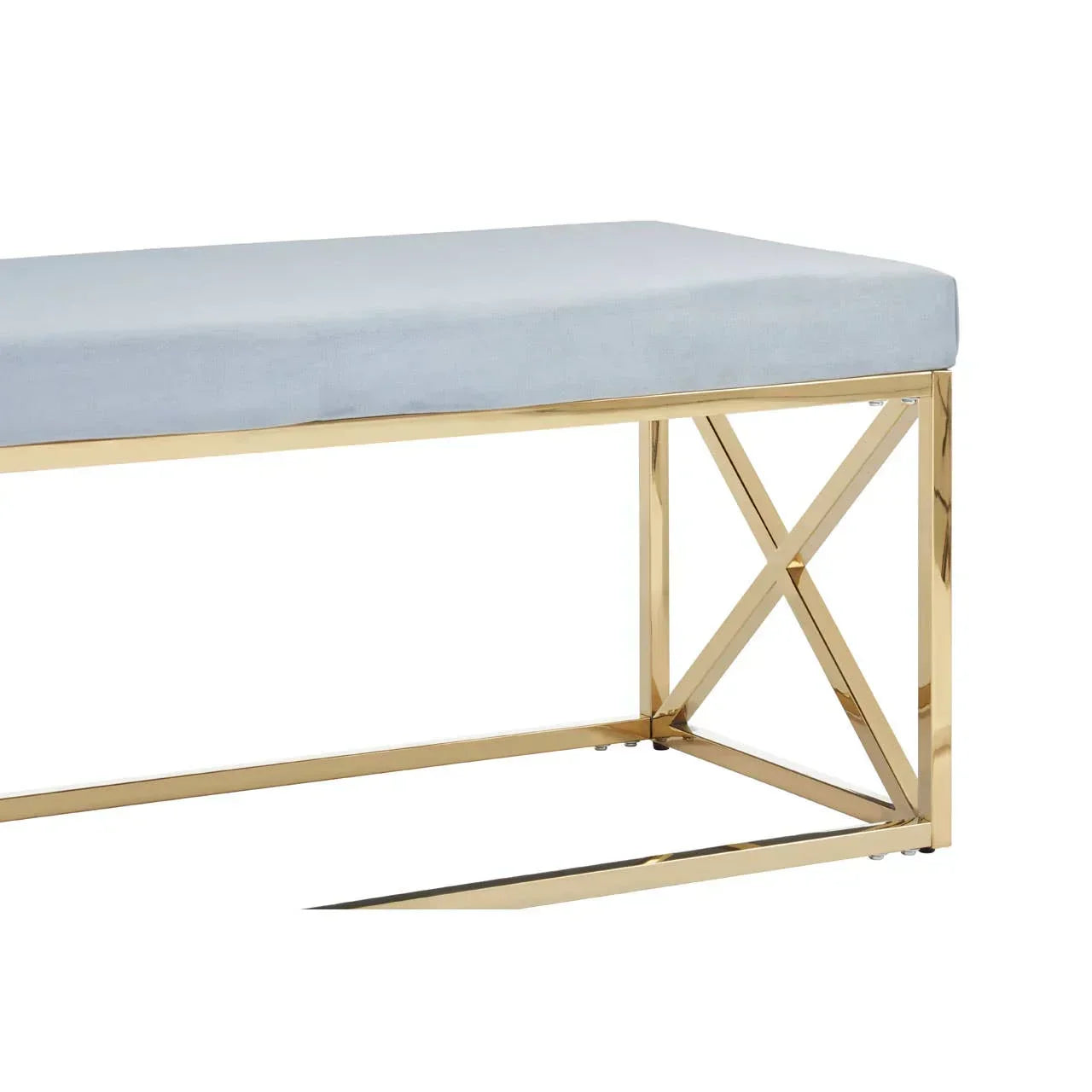 Gold metal frame bench with light blue upholstered seat, side view