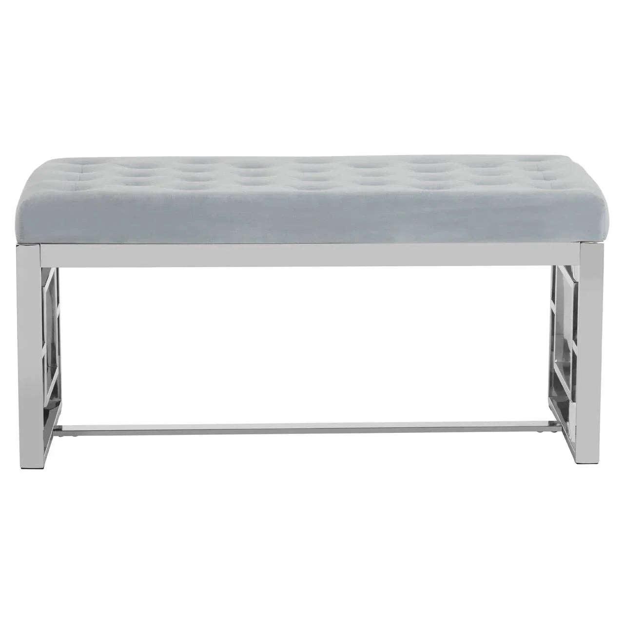 Grey velvet bench with chrome metal frame and tufted seat, front view