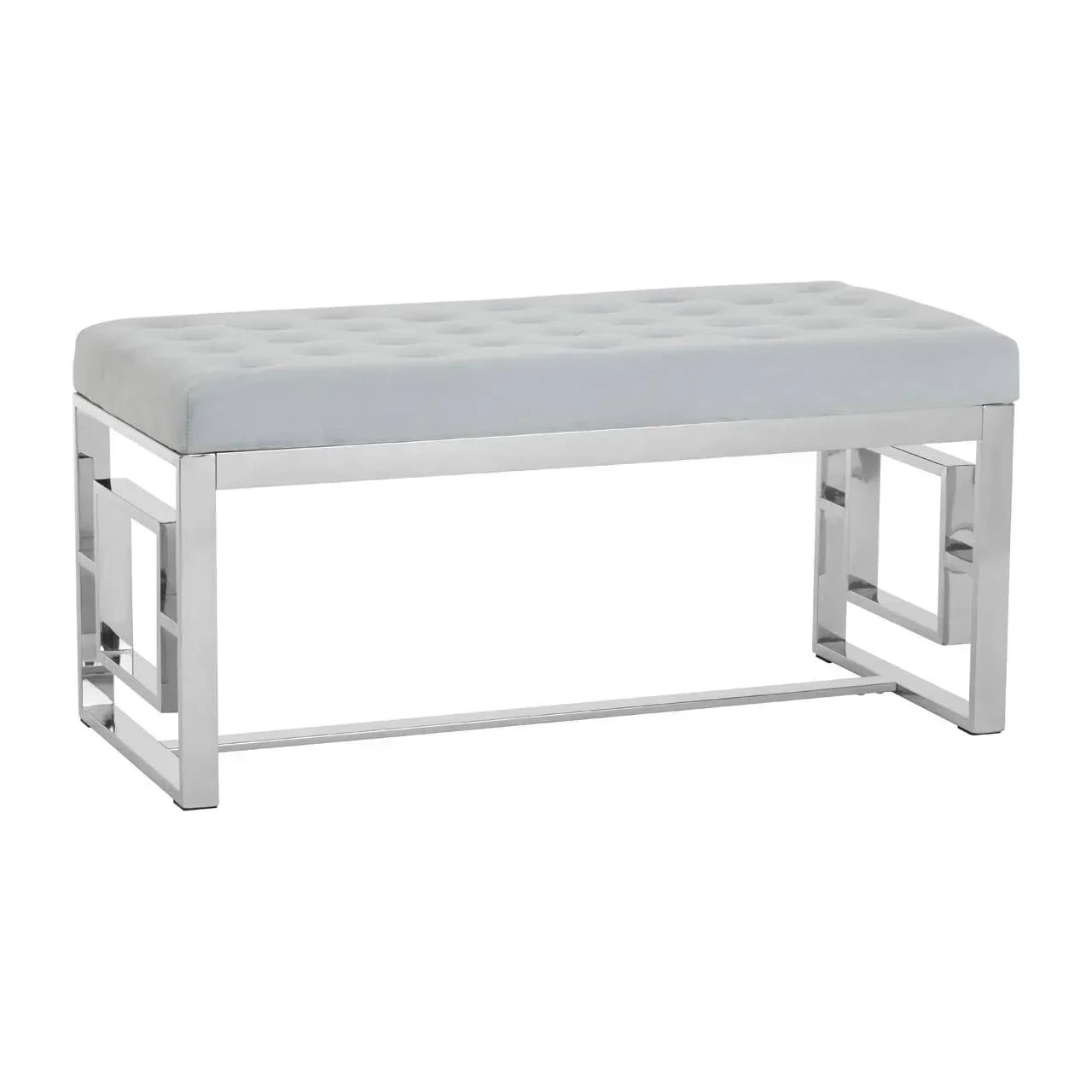 Upholstered bench with light grey tufted seat and chrome metal frame, modern style furniture