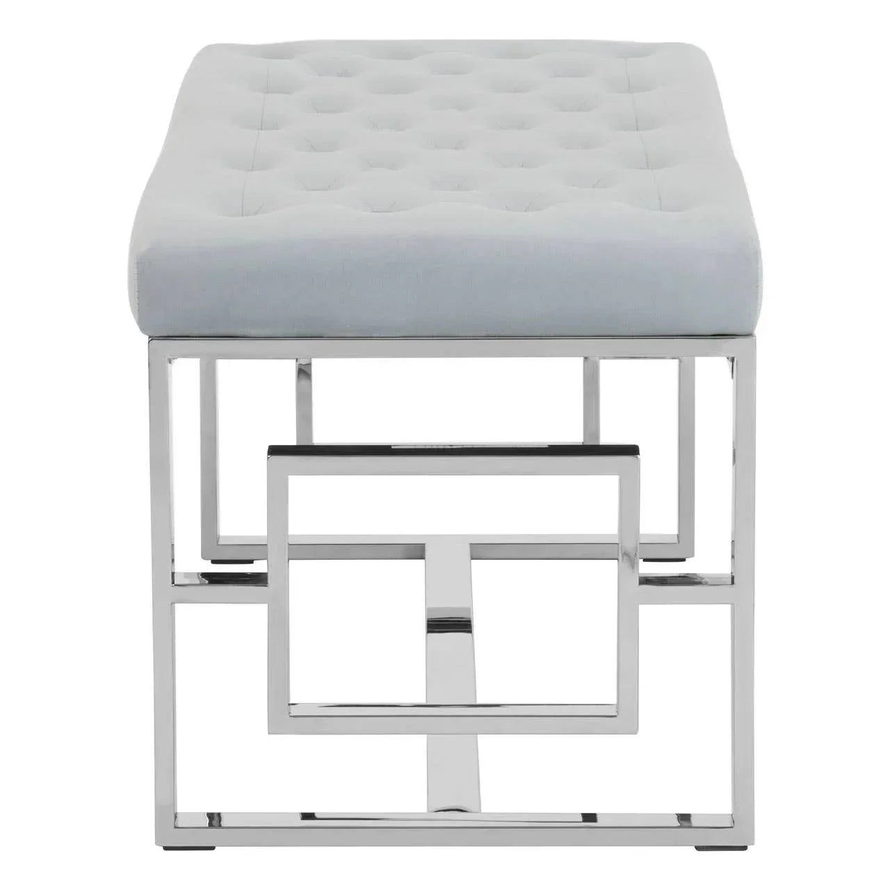 Tufted bench with light grey cushion and chrome geometric metal base, front view