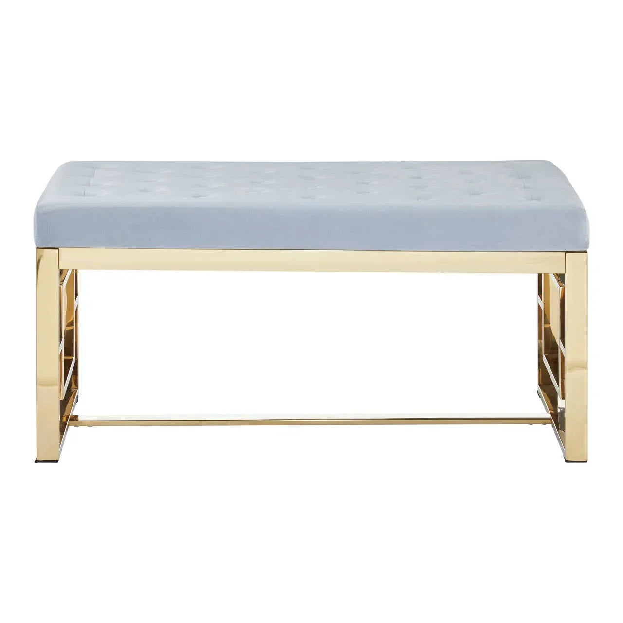 Gold metal bench with light blue tufted velvet seat, front view
