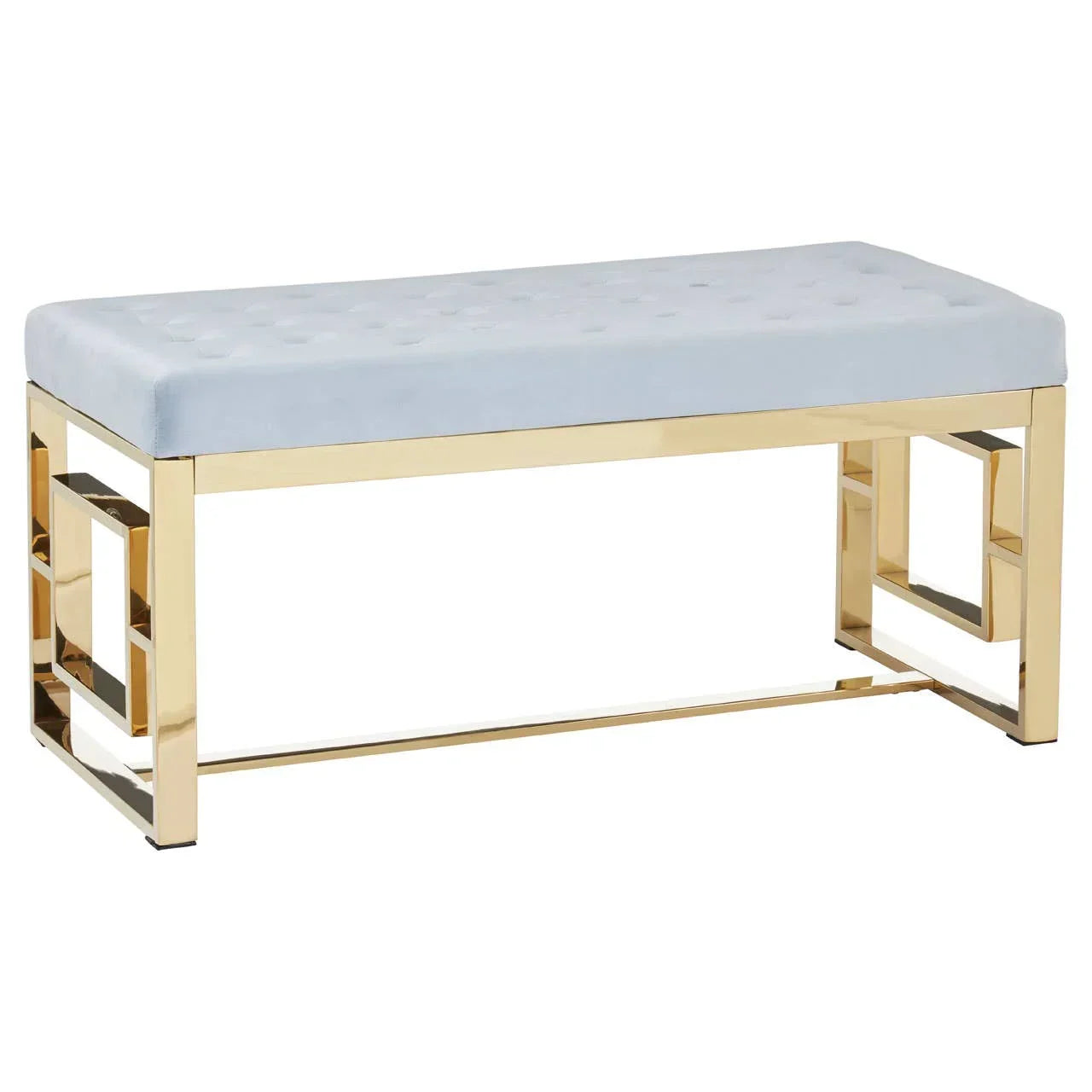 Gold metal bench with light grey upholstered seat and geometric legs