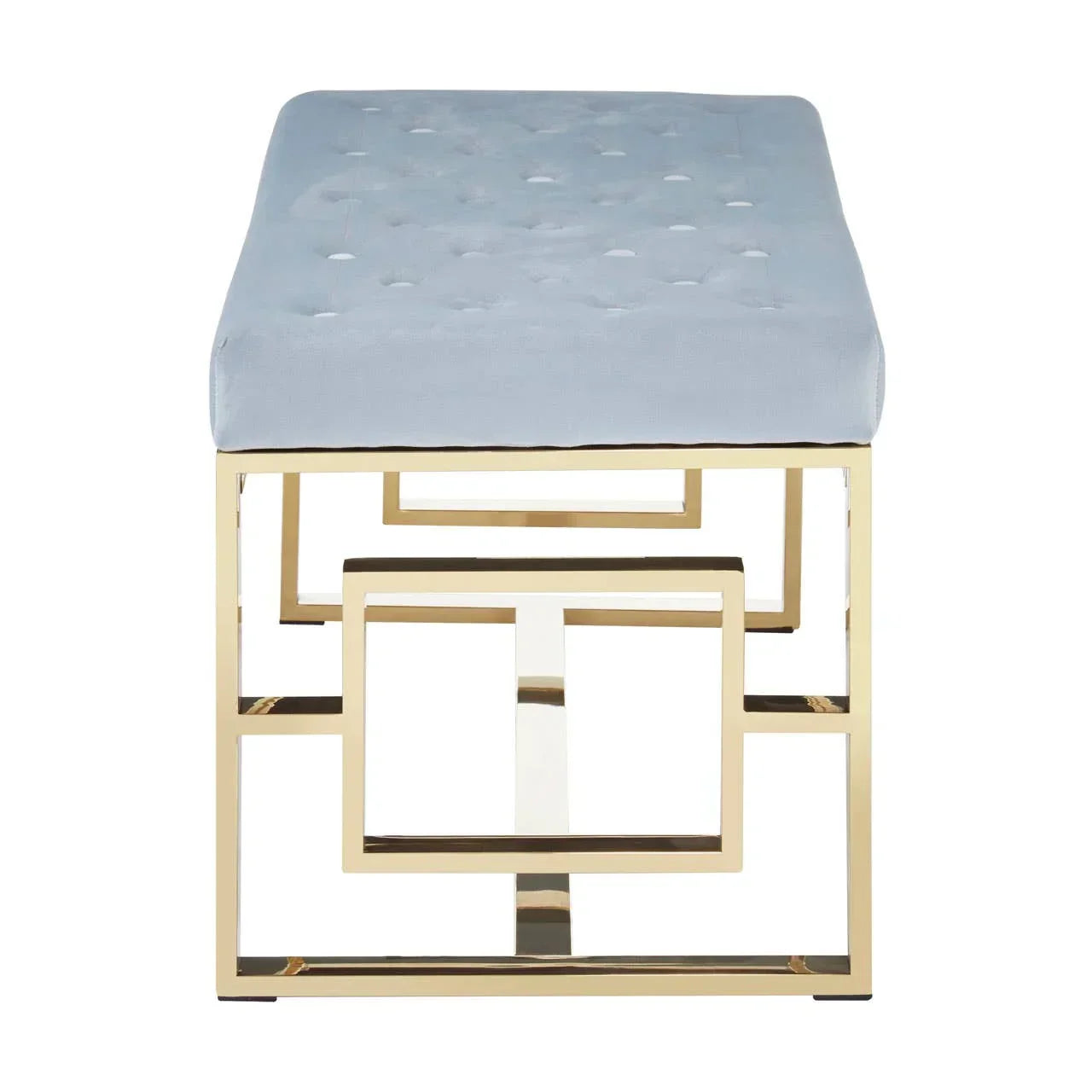 Grey velvet bench with gold metal geometric base front view