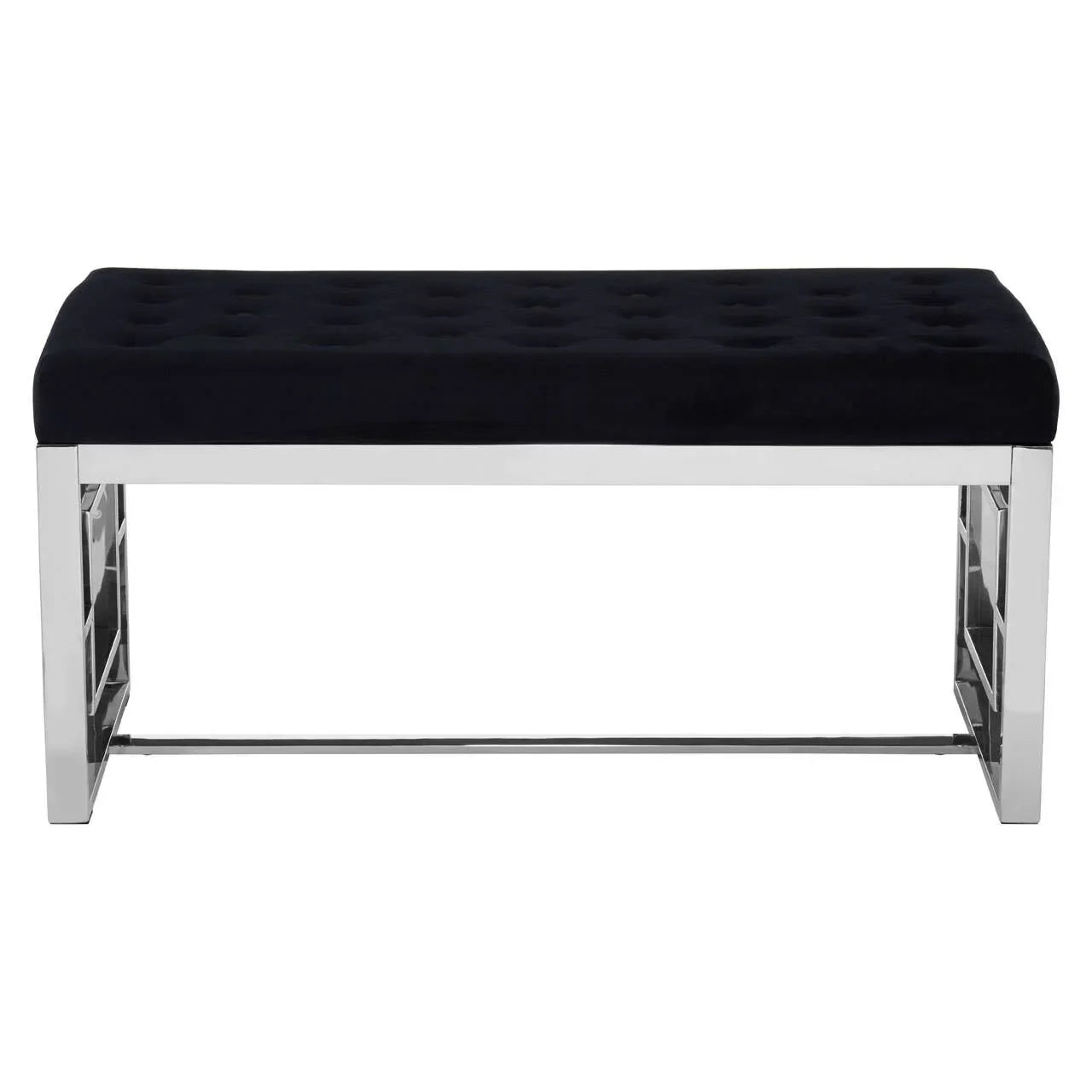 Black velvet bench with chrome metal frame and tufted seat, front view